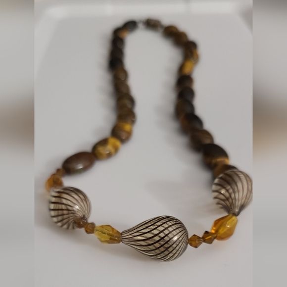 Vintage 80's Murano Glass Stripe & Tigers Eye Gemstones Czech Amber Necklace Vtg - Picture 12 of 16